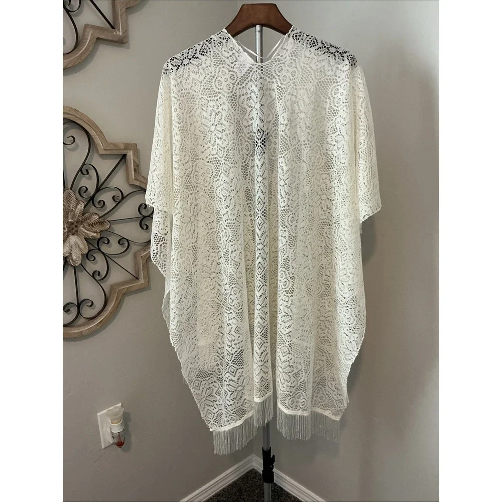 Faded Glory Lace Kimono Fringed Open Front‎ Boho Cardigan Ivory One Size